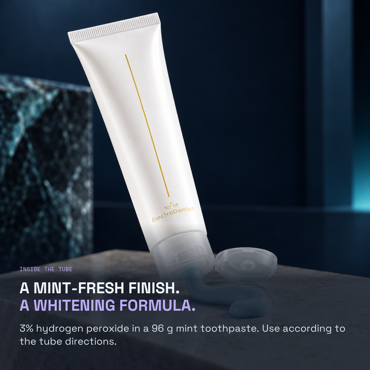 Premium 3% HP Whitening Toothpaste — A MINT-FRESH FINISH. A WHITENING FORMULA.