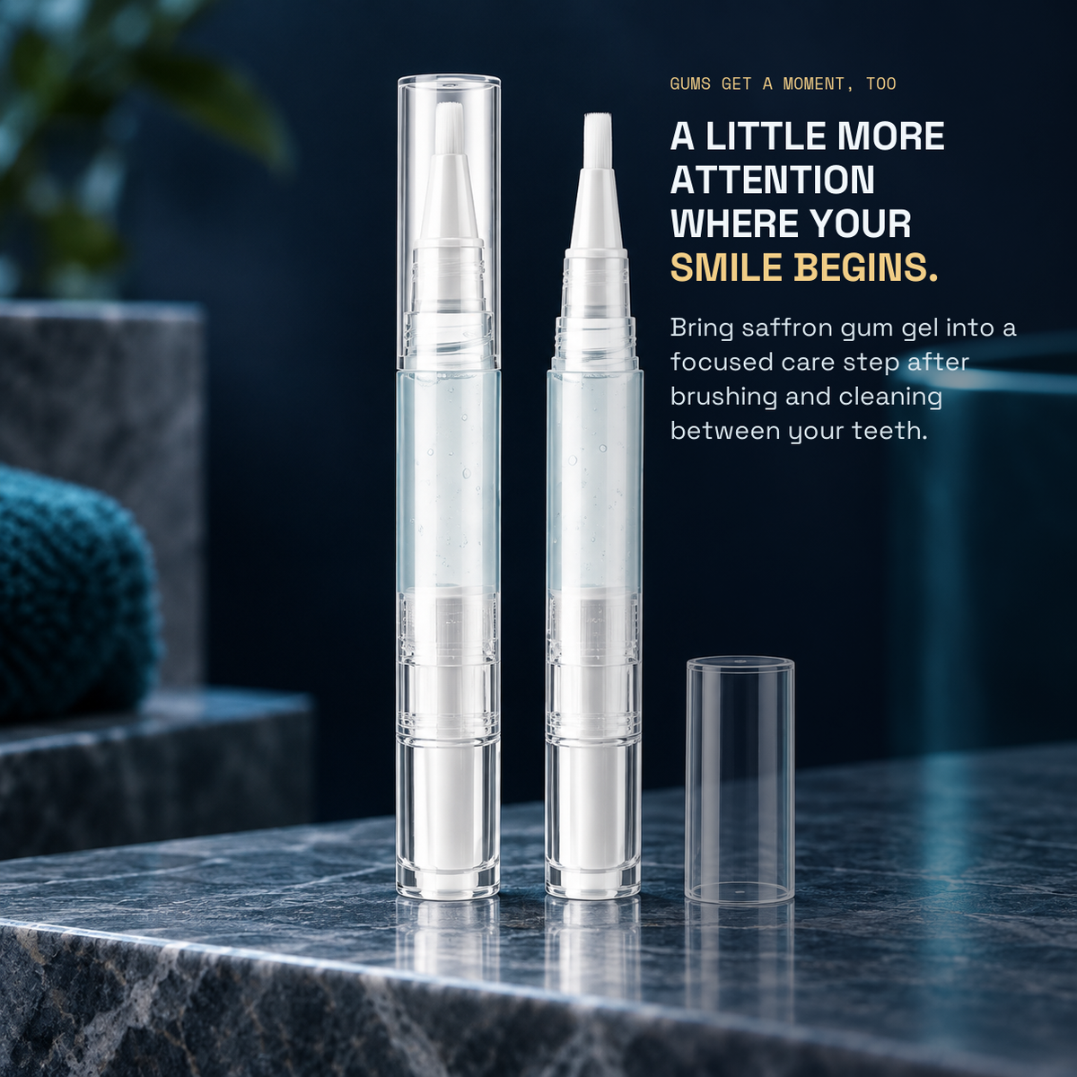 Saffron Gum Gel Pens — A LITTLE MORE ATTENTION WHERE YOUR SMILE BEGINS.