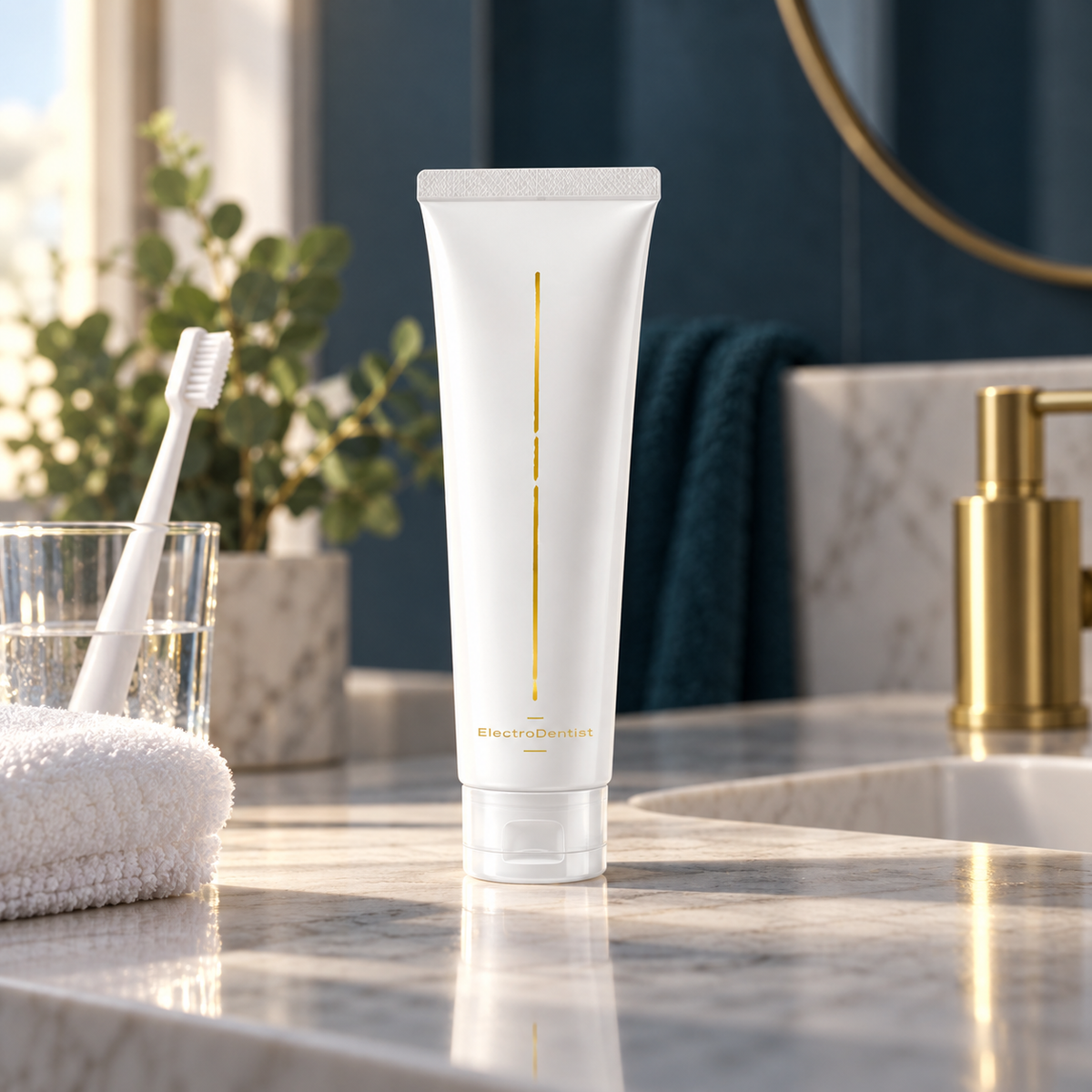 Whitening toothpaste in a bathroom setting; accessories not included